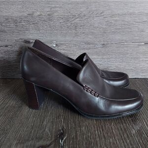 Etienne Aigner Women 8 Brown Leather Block Heel Slip On Classic Loafer Heels